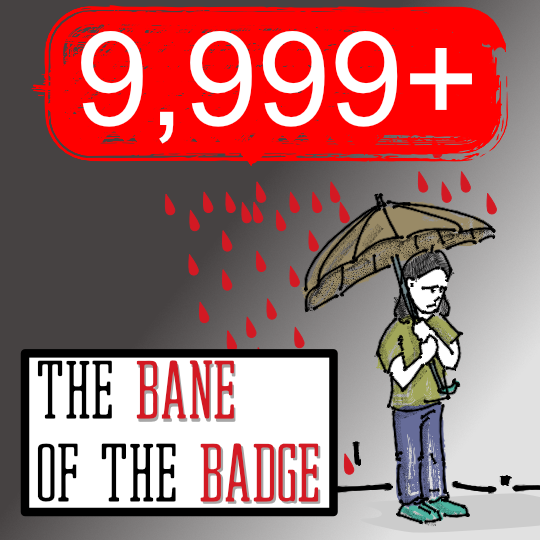 A man standing with an umbrella under an app badge at 9,999+